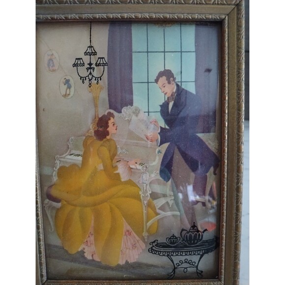 Vintage 1940's Victorian Couple Silhouette Framed Pair Reverse Paint On Glass - Picture 6 of 7